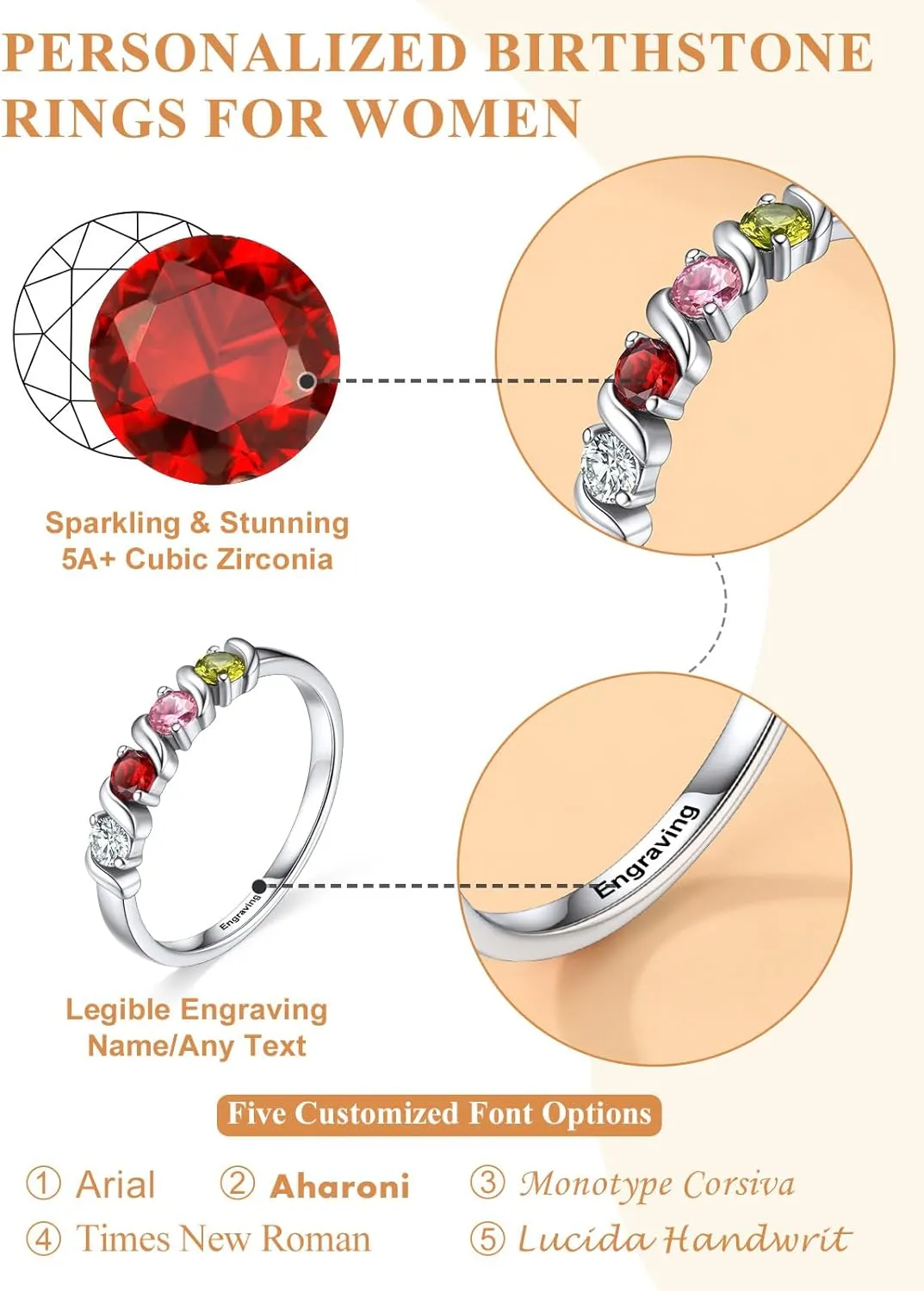 Custom4U Personalized Mothers Ring with 1-5 Birthstones Names Engraved 925 Sterling Silver/14K White Gold Plated Birthstone Rings for Women Promise Ring Birthday Jewelry Gifts for Mom Grandmother Wife
