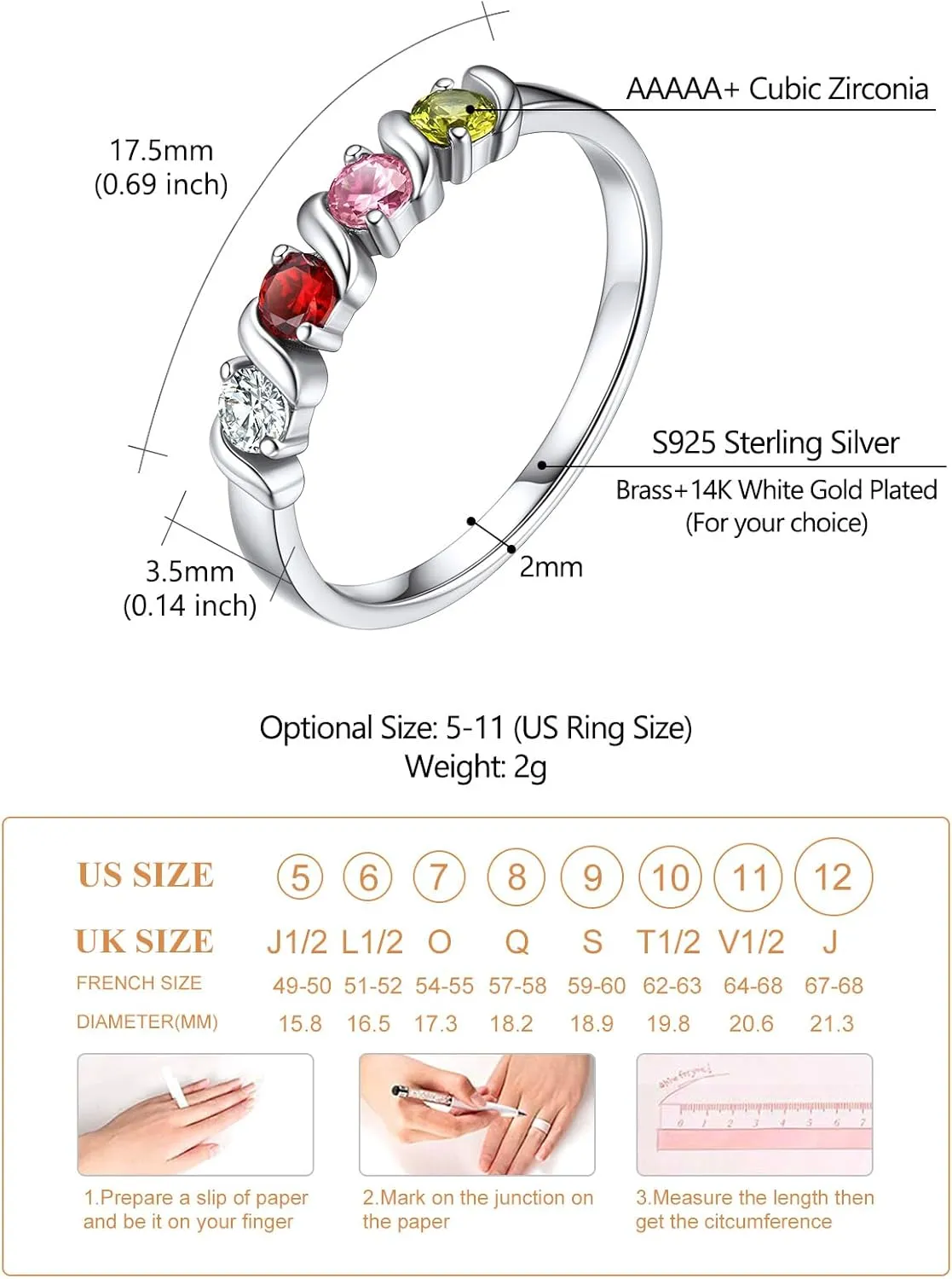 Custom4U Personalized Mothers Ring with 1-5 Birthstones Names Engraved 925 Sterling Silver/14K White Gold Plated Birthstone Rings for Women Promise Ring Birthday Jewelry Gifts for Mom Grandmother Wife