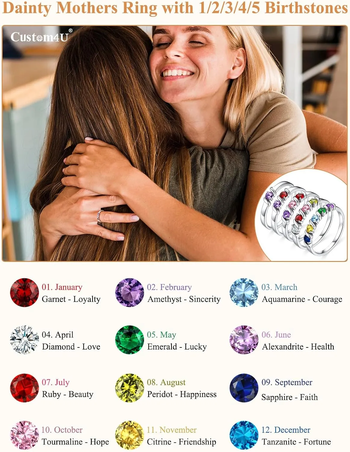 Custom4U Personalized Mothers Ring with 1-5 Birthstones Names Engraved 925 Sterling Silver/14K White Gold Plated Birthstone Rings for Women Promise Ring Birthday Jewelry Gifts for Mom Grandmother Wife