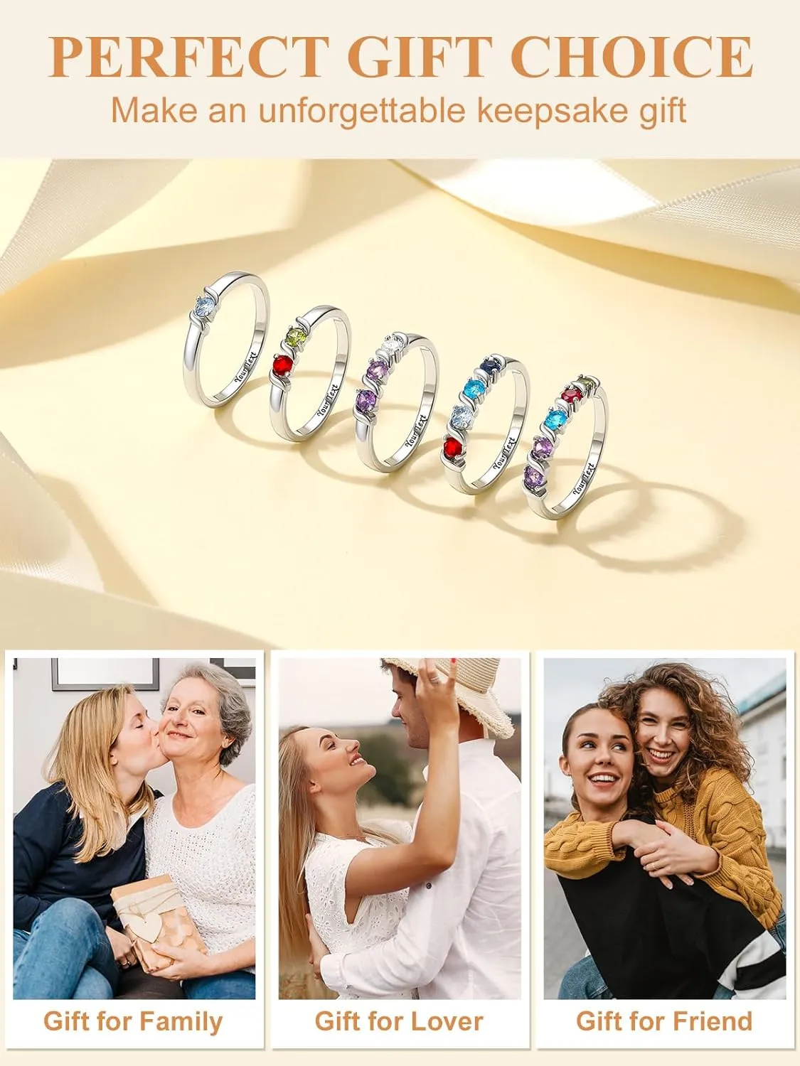 Custom4U Personalized Mothers Ring with 1-5 Birthstones Names Engraved 925 Sterling Silver/14K White Gold Plated Birthstone Rings for Women Promise Ring Birthday Jewelry Gifts for Mom Grandmother Wife