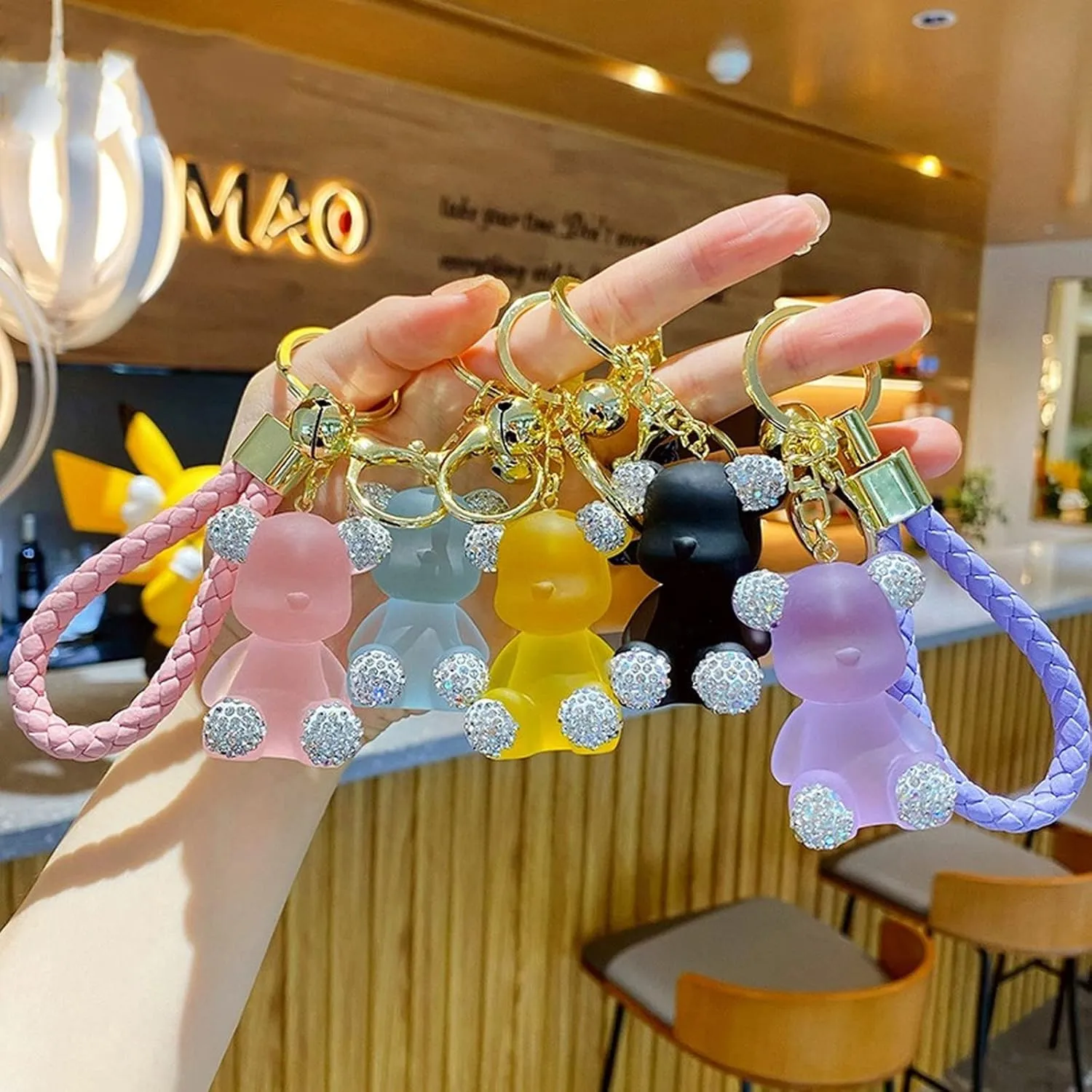 Cute Diamond Bear Keychain Kawaii Keychains Wristlet Strap Wrist Lanyard for Woman Girl