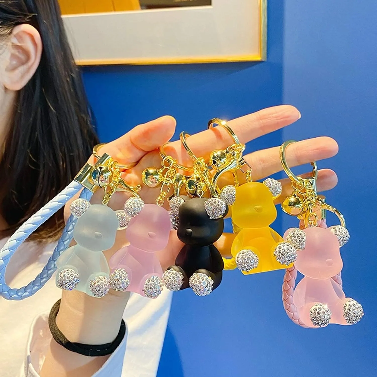 Cute Diamond Bear Keychain Kawaii Keychains Wristlet Strap Wrist Lanyard for Woman Girl