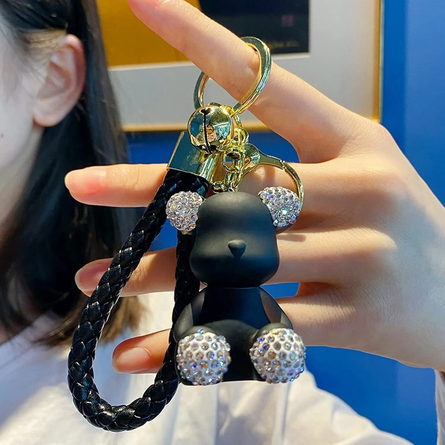 Cute Diamond Bear Keychain Kawaii Keychains Wristlet Strap Wrist Lanyard for Woman Girl