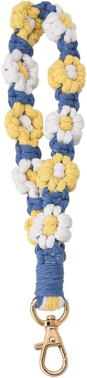 Cute Macrame Wristlet Keychain Handmade Braided Flower Wrist Lanyard for Keys Weave Bracelet Keychains Blue Daisy Keychain Wristlet Strap Floral Crochet Keychain for Women Girls Aesthetic Stuff