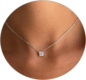 CZ Diamond Necklace for Women Dainty Square Cubic Zirconia Splints Solitaire Pendant Necklace for women 14kGold/Silver Plated Different Width Square CZ Pendant Necklaces Simulated Diamond Bridesmaid Jewelry for Women