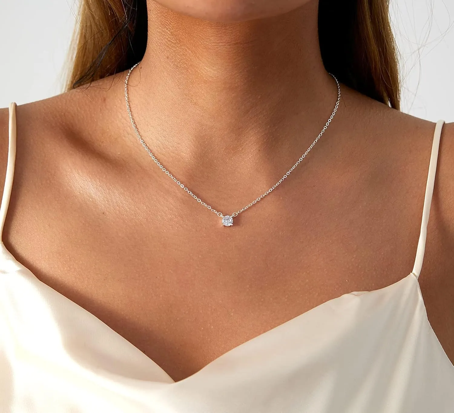 CZ Diamond Necklace for Women Dainty Square Cubic Zirconia Splints Solitaire Pendant Necklace for women 14kGold/Silver Plated Different Width Square CZ Pendant Necklaces Simulated Diamond Bridesmaid Jewelry for Women