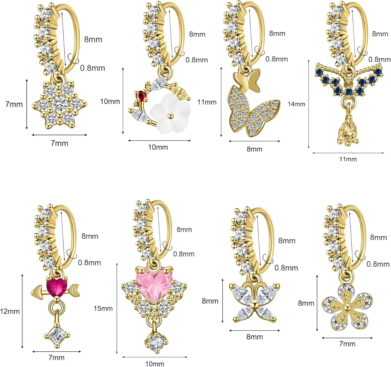 Dangle Nose Rings Hoop for Women Septum Nose Piercing Jewelry Cartilage Earring CZ Flower Leaf Star Butterfly Daith Tragus Helix Lip Piercing, Silver Gold Rose Gold