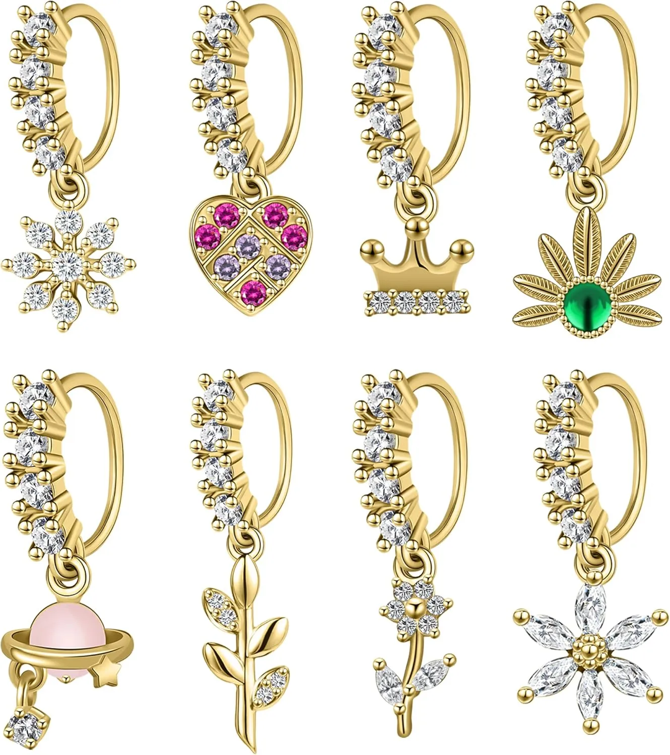 Dangle Nose Rings Hoop for Women Septum Nose Piercing Jewelry Cartilage Earring CZ Flower Leaf Star Butterfly Daith Tragus Helix Lip Piercing, Silver Gold Rose Gold