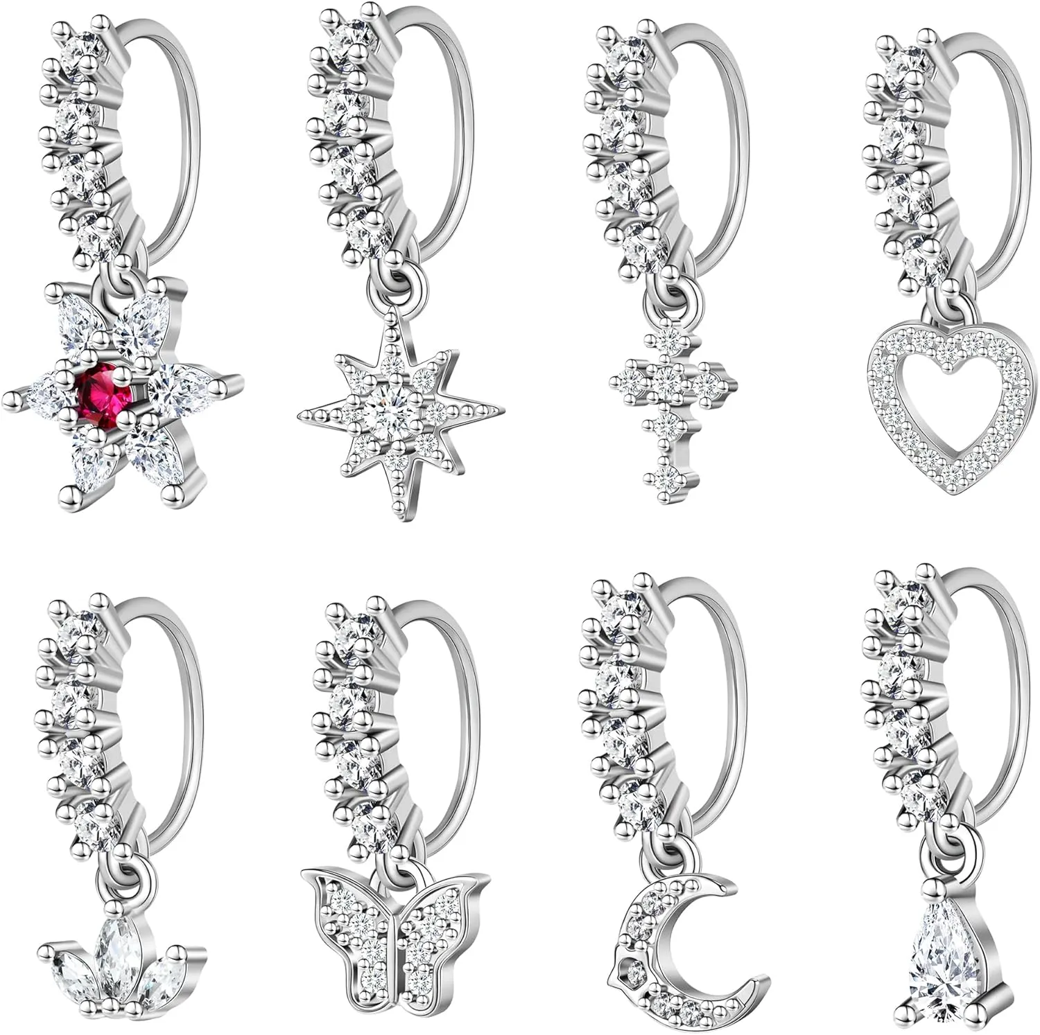 Dangle Nose Rings Hoop for Women Septum Nose Piercing Jewelry Cartilage Earring CZ Flower Leaf Star Butterfly Daith Tragus Helix Lip Piercing, Silver Gold Rose Gold