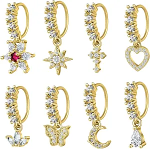 Dangle Nose Rings Hoop for Women Septum Nose Piercing Jewelry Cartilage Earring CZ Flower Leaf Star Butterfly Daith Tragus Helix Lip Piercing, Silver Gold Rose Gold