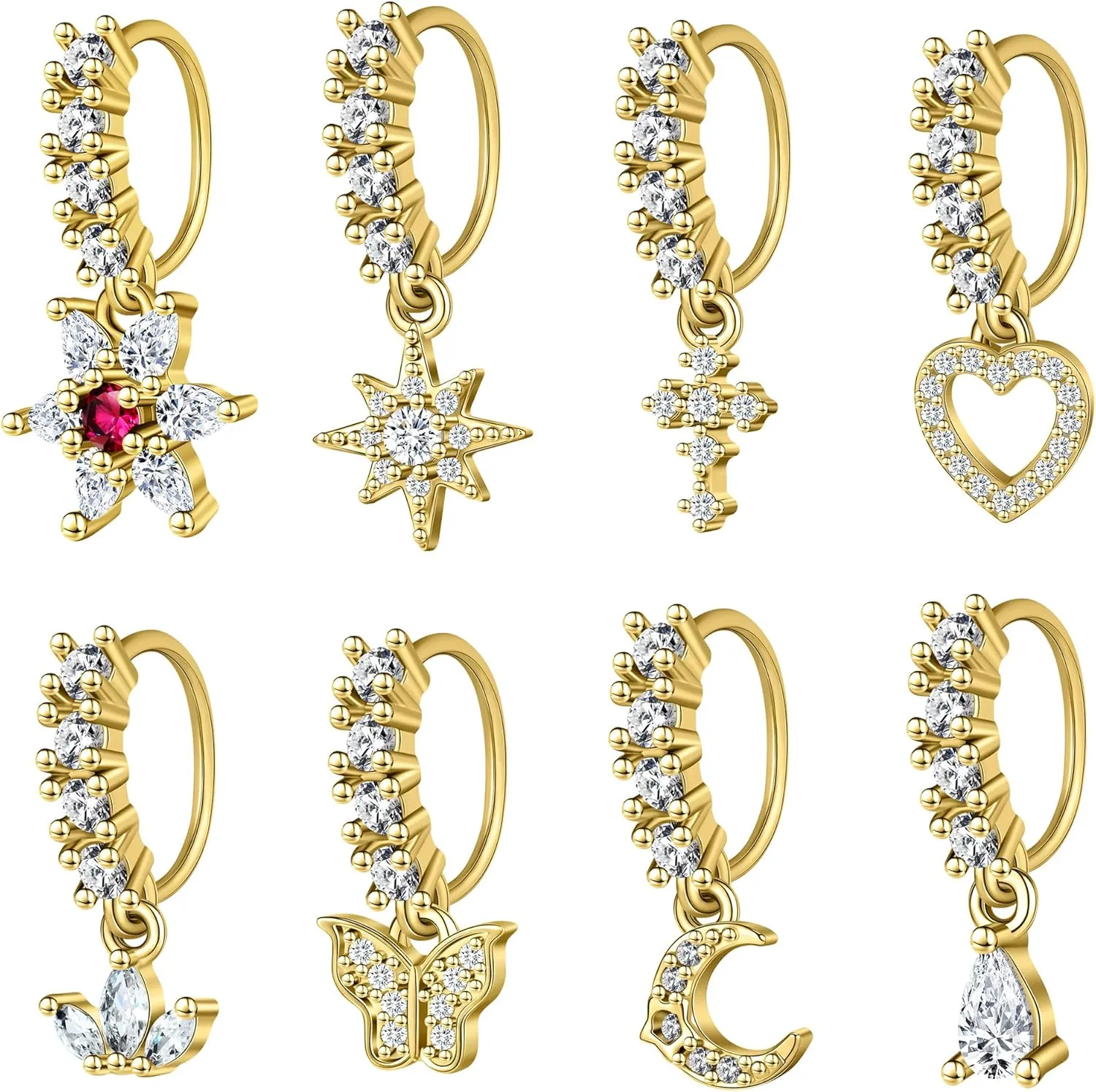 Dangle Nose Rings Hoop for Women Septum Nose Piercing Jewelry Cartilage Earring CZ Flower Leaf Star Butterfly Daith Tragus Helix Lip Piercing, Silver Gold Rose Gold