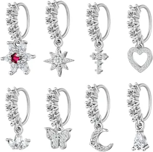 Dangle Nose Rings Hoop for Women Septum Nose Piercing Jewelry Cartilage Earring CZ Flower Leaf Star Butterfly Daith Tragus Helix Lip Piercing, Silver Gold Rose Gold