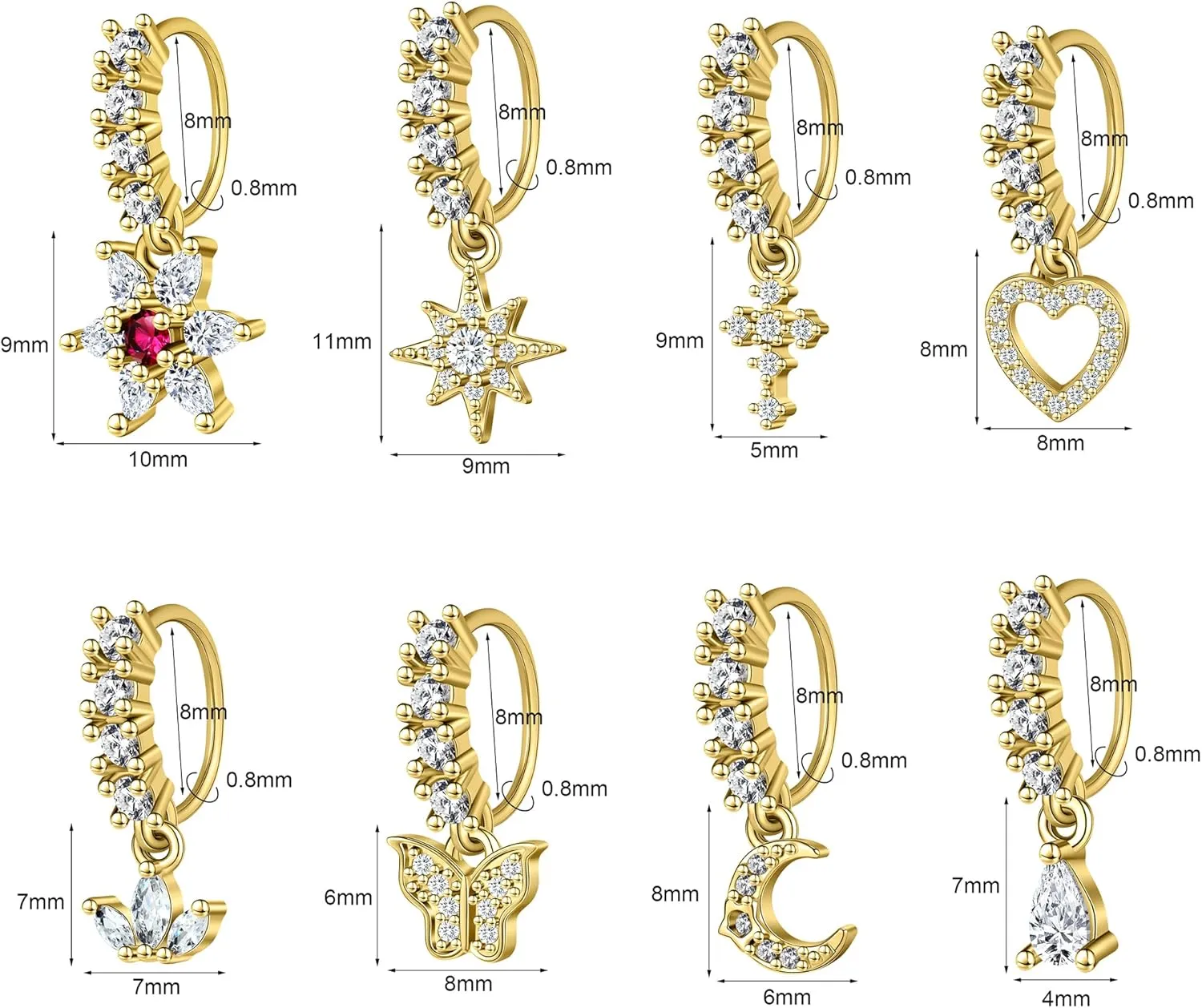 Dangle Nose Rings Hoop for Women Septum Nose Piercing Jewelry Cartilage Earring CZ Flower Leaf Star Butterfly Daith Tragus Helix Lip Piercing, Silver Gold Rose Gold