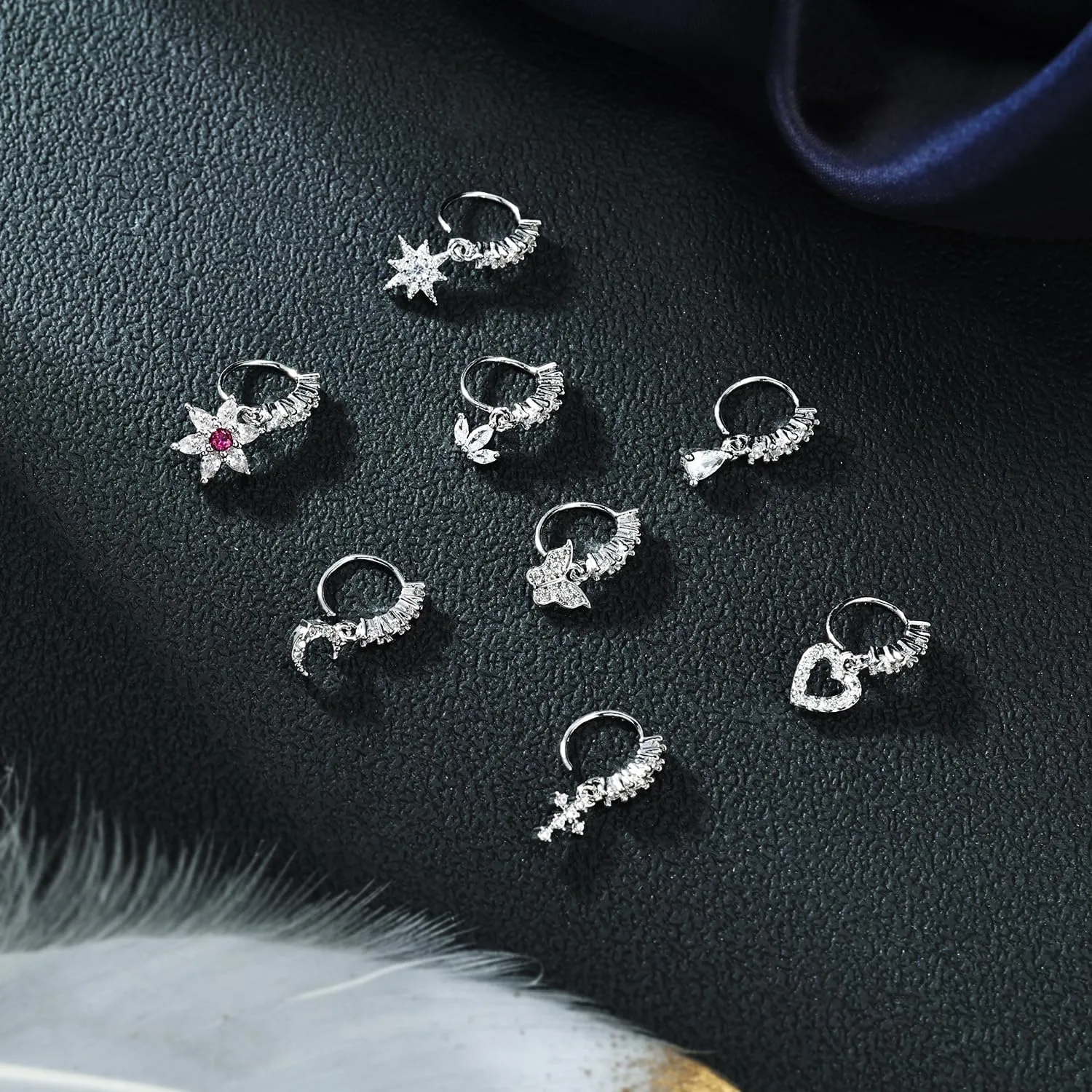 Dangle Nose Rings Hoop for Women Septum Nose Piercing Jewelry Cartilage Earring CZ Flower Leaf Star Butterfly Daith Tragus Helix Lip Piercing, Silver Gold Rose Gold