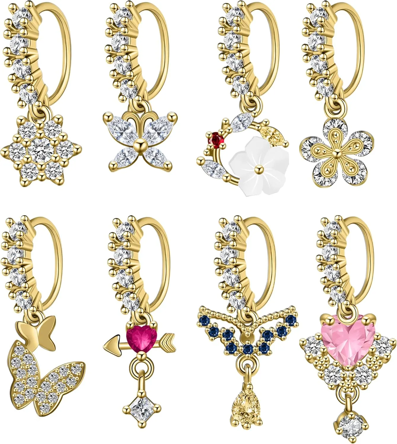 Dangle Nose Rings Hoop for Women Septum Nose Piercing Jewelry Cartilage Earring CZ Flower Leaf Star Butterfly Daith Tragus Helix Lip Piercing, Silver Gold Rose Gold