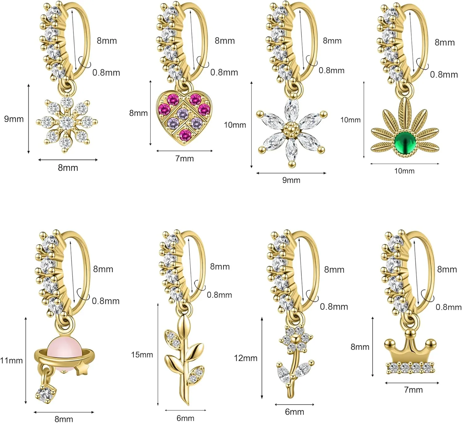 Dangle Nose Rings Hoop for Women Septum Nose Piercing Jewelry Cartilage Earring CZ Flower Leaf Star Butterfly Daith Tragus Helix Lip Piercing, Silver Gold Rose Gold