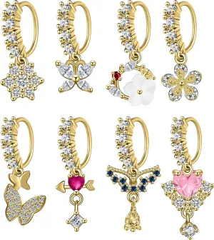 Dangle Nose Rings Hoop for Women Septum Nose Piercing Jewelry Cartilage Earring CZ Flower Leaf Star Butterfly Daith Tragus Helix Lip Piercing, Silver Gold Rose Gold