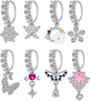 Dangle Nose Rings Hoop for Women Septum Nose Piercing Jewelry Cartilage Earring CZ Flower Leaf Star Butterfly Daith Tragus Helix Lip Piercing, Silver Gold Rose Gold
