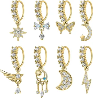 Dangle Nose Rings Hoop for Women Septum Nose Piercing Jewelry Cartilage Earring CZ Flower Leaf Star Butterfly Daith Tragus Helix Lip Piercing, Silver Gold Rose Gold