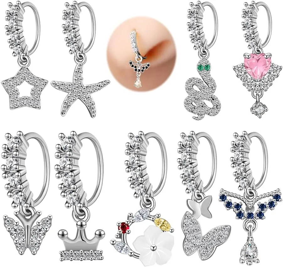 Dangle Nose Rings Hoops for Women 20G Nose Piercing Jewelry Set Copper Hypoallergenic Cartilage Earrings with CZ Flower Leaf Star Butterfly Design Septum Daith Tragus Helix Lip Piercing