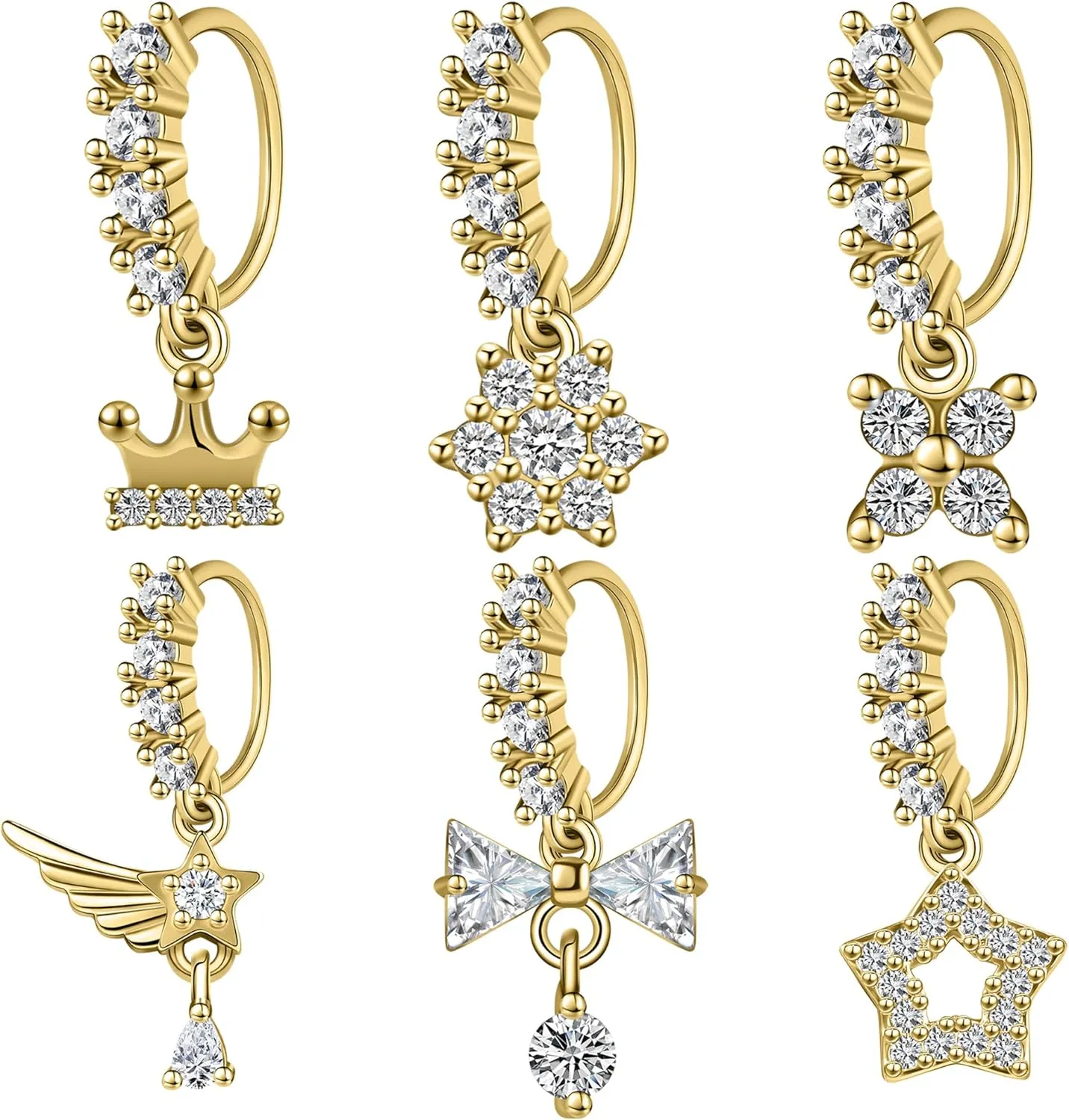Dangle Nose Rings Hoops for Women 20G Nose Piercing Jewelry Set Copper Hypoallergenic Cartilage Earrings with CZ Flower Leaf Star Butterfly Design Septum Daith Tragus Helix Lip Piercing