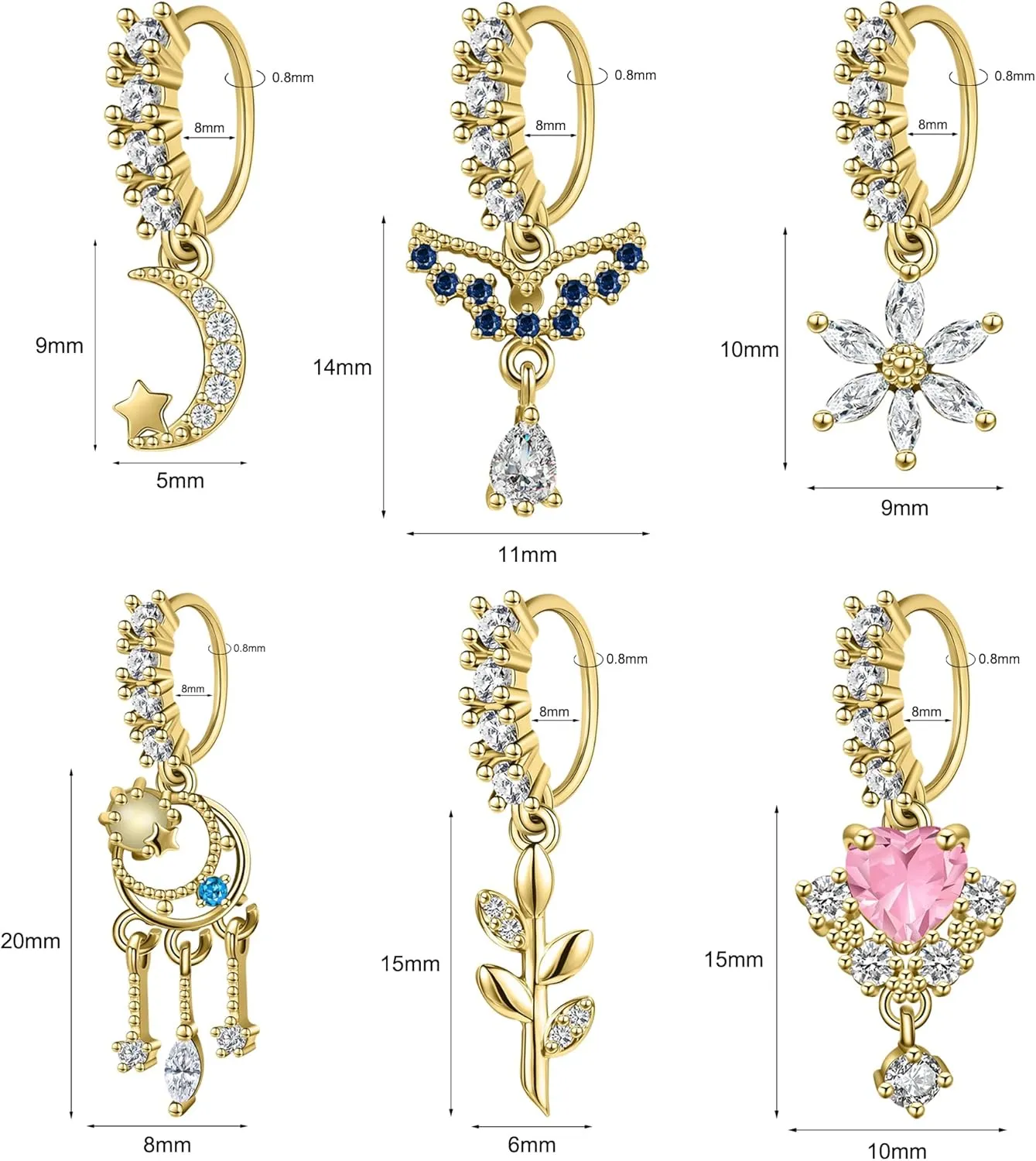 Dangle Nose Rings Hoops for Women 20G Nose Piercing Jewelry Set Copper Hypoallergenic Cartilage Earrings with CZ Flower Leaf Star Butterfly Design Septum Daith Tragus Helix Lip Piercing