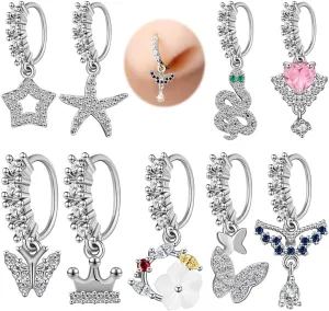 Dangle Nose Rings Hoops for Women 20G Nose Piercing Jewelry Set Copper Hypoallergenic Cartilage Earrings with CZ Flower Leaf Star Butterfly Design Septum Daith Tragus Helix Lip Piercing