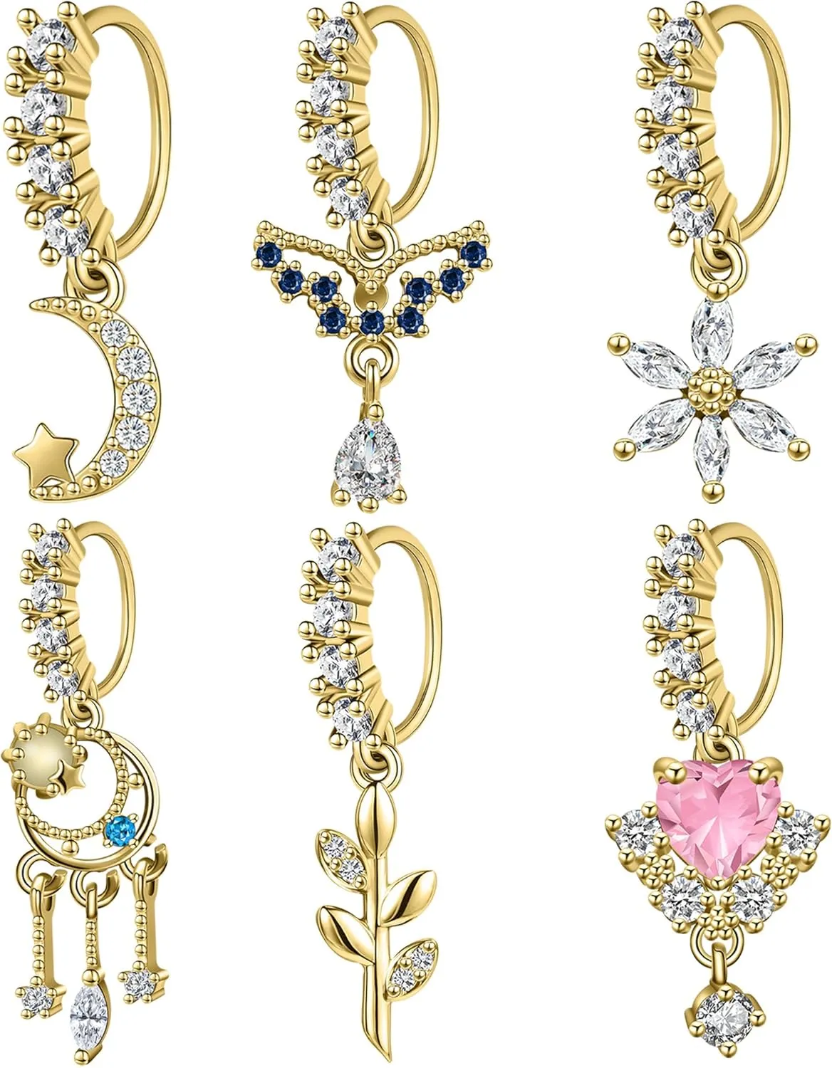 Dangle Nose Rings Hoops for Women 20G Nose Piercing Jewelry Set Copper Hypoallergenic Cartilage Earrings with CZ Flower Leaf Star Butterfly Design Septum Daith Tragus Helix Lip Piercing
