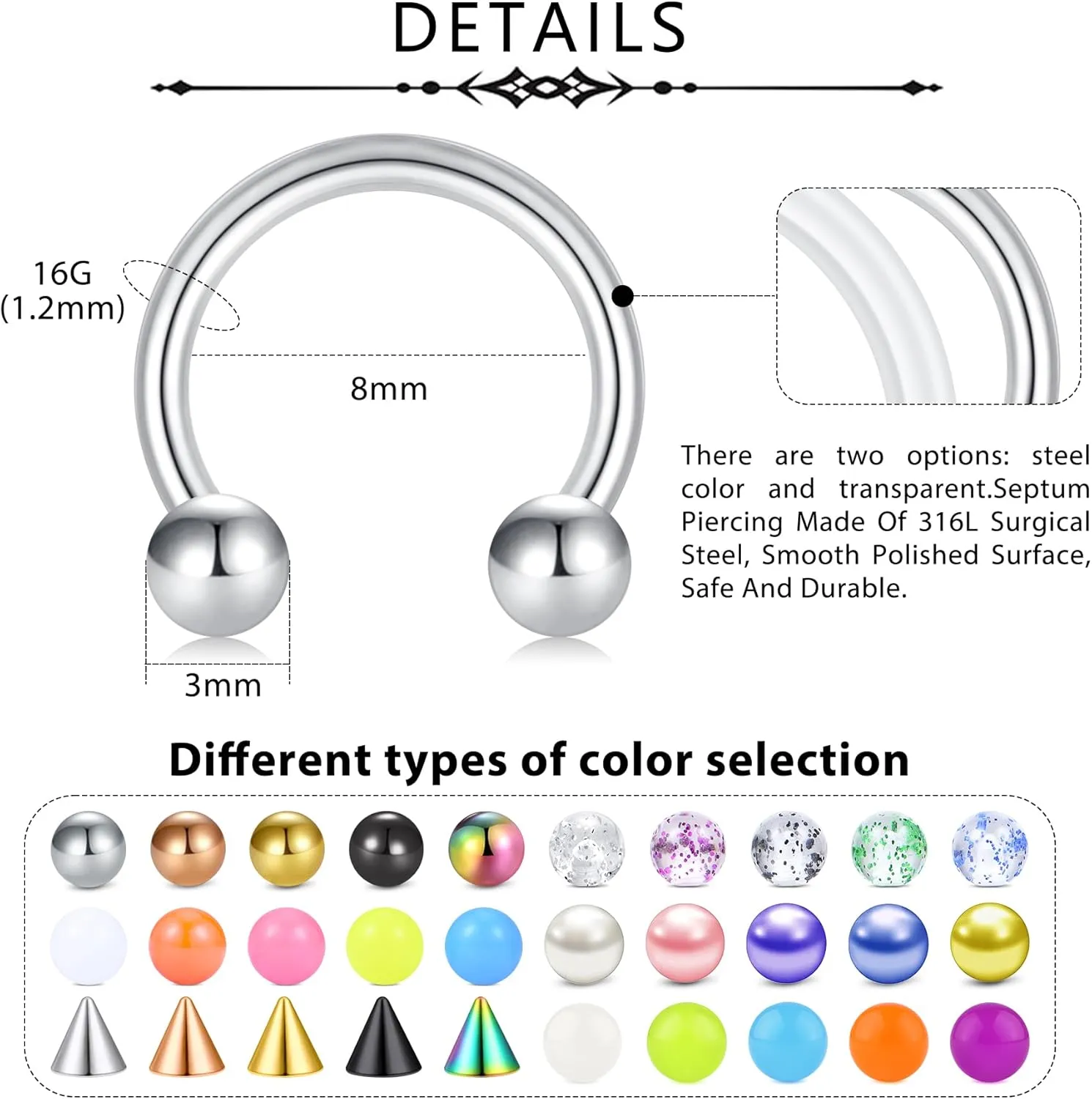 D.Bella 16G 18G 20G Horseshoe Septum Rings Surgical Steel Nose Piercing Jewelry Cartilage Helix Tragus Earring Hoop Eyebrow Lip Retainer for Women Men 6mm 8mm 10mm 12mm