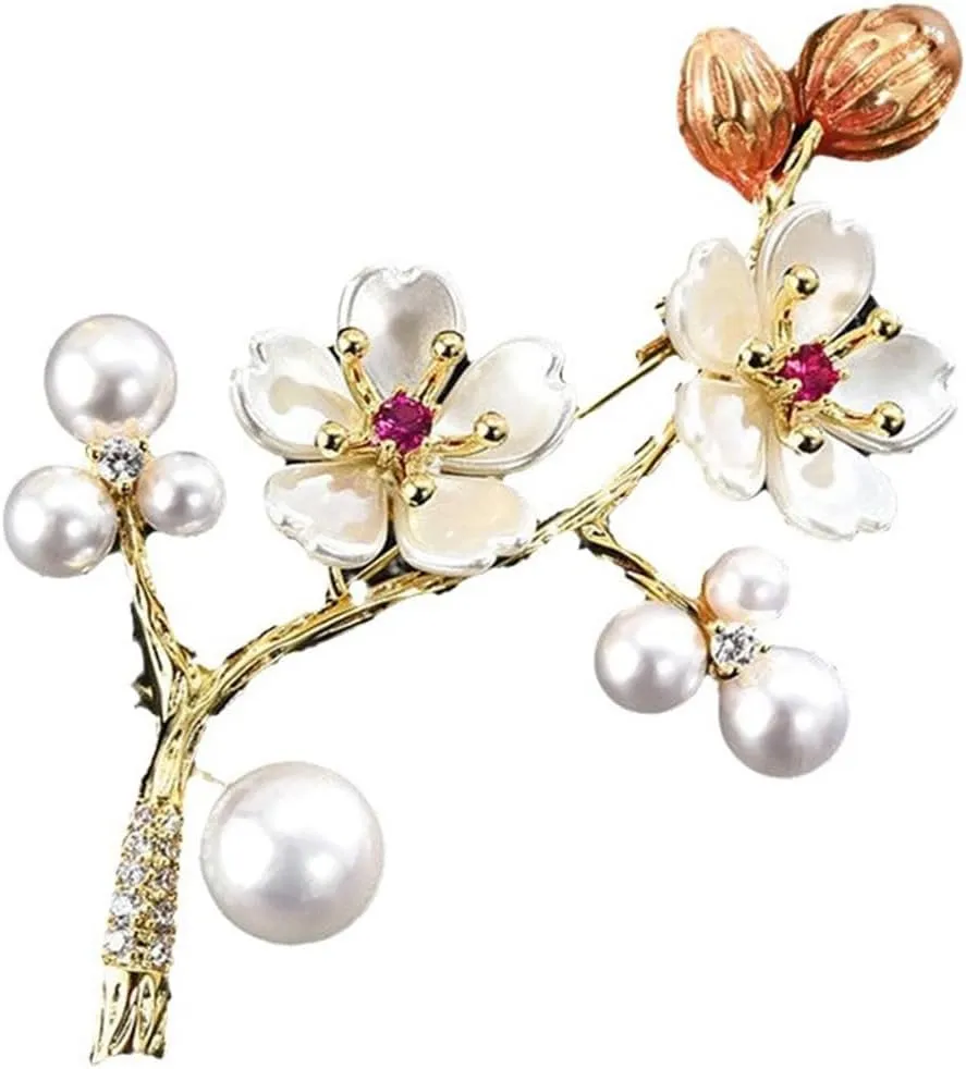 Delicate Cherry Brooch for Women Girls Fashion Pearl Shell Plum Blossom Lapel Pin Rhinestone for Party Prom Elegant Accessories Decorative Floral Dress Suit Wedding Valentine Mother's Day Birthday
