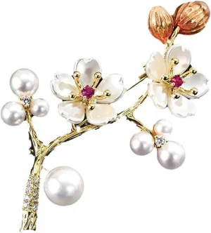 Delicate Cherry Brooch for Women Girls Fashion Pearl Shell Plum Blossom Lapel Pin Rhinestone for Party Prom Elegant Accessories Decorative Floral Dress Suit Wedding Valentine Mother's Day Birthday