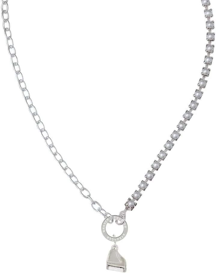 Delight Jewelry Silvertone 3-D Grand Piano Stronger Braver Smarter Mixed Cable and Imitation Pearl Chain Choker Necklace, 14.75-17"
