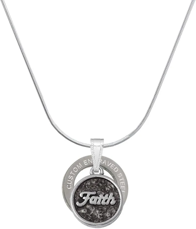 Delight Jewelry Silvertone Antiqued Round Seal - Faith Silver-tone Custom Engraved Ring Necklace, 18"