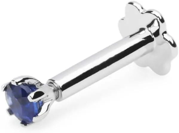 Demira Natural 2.2MM (0.04ct) Blue Sapphire Nose Stud  Solid 14K White Gold Nose Pin for Women, Body Piercing Jewelry with Screw Back, 7MM Long Post, 16G.
