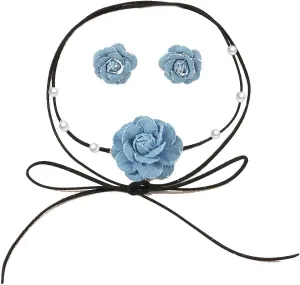Denim Camellia Flower Choker Necklace and Jeans Floral Stud Earrings Set Fabric Cloth Blue Blossom Faux Pearl Callor Chain Adjustable Pendant Necklaces Fashion Jewelry Gifts for Women Girls