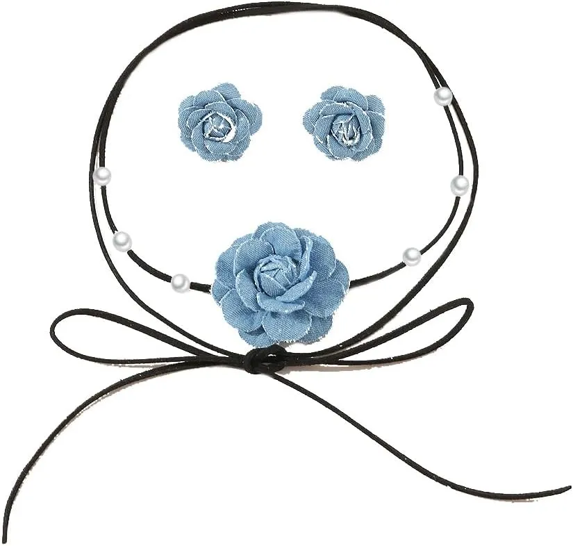 Denim Camellia Flower Choker Necklace and Jeans Floral Stud Earrings Set Fabric Cloth Blue Blossom Faux Pearl Callor Chain Adjustable Pendant Necklaces Fashion Jewelry Gifts for Women Girls