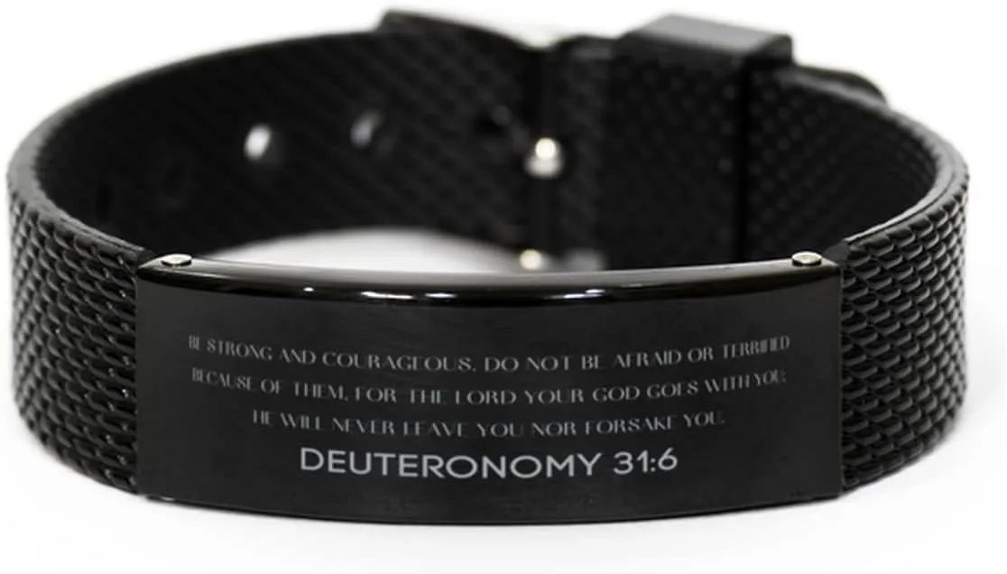 Deuteronomy 31:6 Christian Black Shark Mesh Bracelet Gifts, Faith Message Prayer Bracelet for Women Men, Bible Verse Inspirational Mantra Adjustable