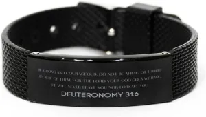 Deuteronomy 31:6 Christian Black Shark Mesh Bracelet Gifts, Faith Message Prayer Bracelet for Women Men, Bible Verse Inspirational Mantra Adjustable