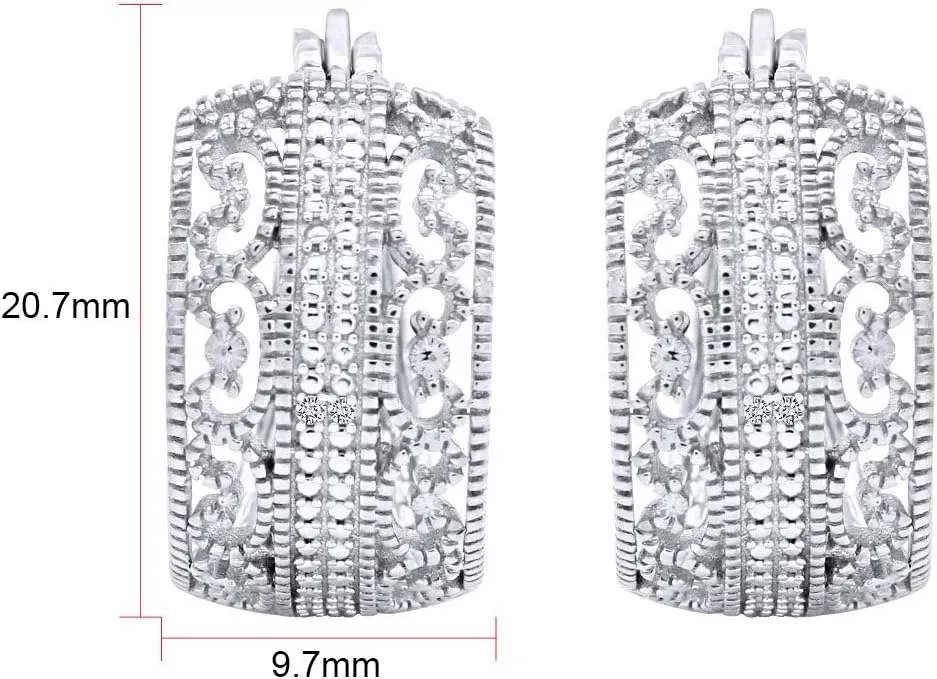 Diamond Accent Filigree Huggie Hoop Earrings in 14k Gold Plated 925 Sterling Silver For Women (I-J Color, I2-I3 Clarity, 0.01 Cttw) Valentine's Day Gift For Her