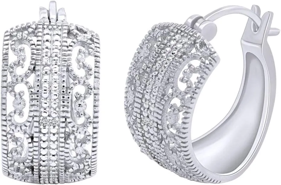 Diamond Accent Filigree Huggie Hoop Earrings in 14k Gold Plated 925 Sterling Silver For Women (I-J Color, I2-I3 Clarity, 0.01 Cttw) Valentine's Day Gift For Her