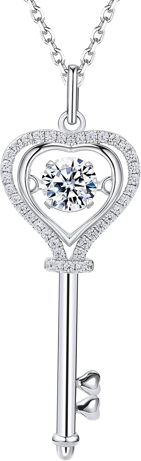 Diamond Key Necklace for Women,Mothers Day for Daughter 1Carat Moissanite Dancing Pendant Chain,Simulated Diamond Jewelry Sterling Sliver Floating Necklace Gift for Wife Mom