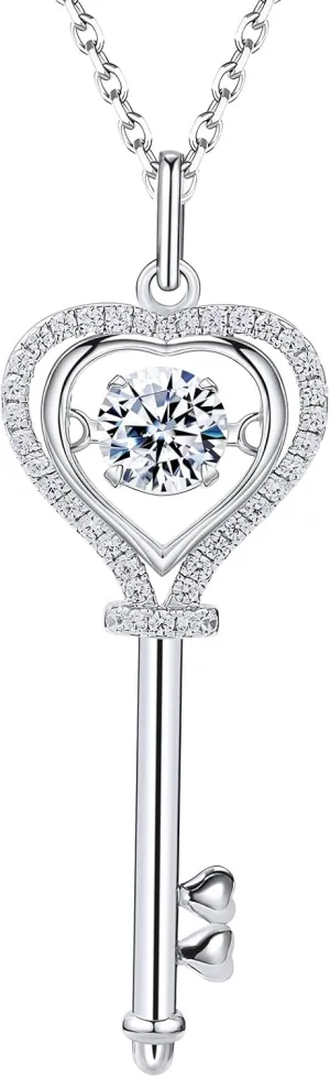 Diamond Key Necklace for Women,Mothers Day for Daughter 1Carat Moissanite Dancing Pendant Chain,Simulated Diamond Jewelry Sterling Sliver Floating Necklace Gift for Wife Mom