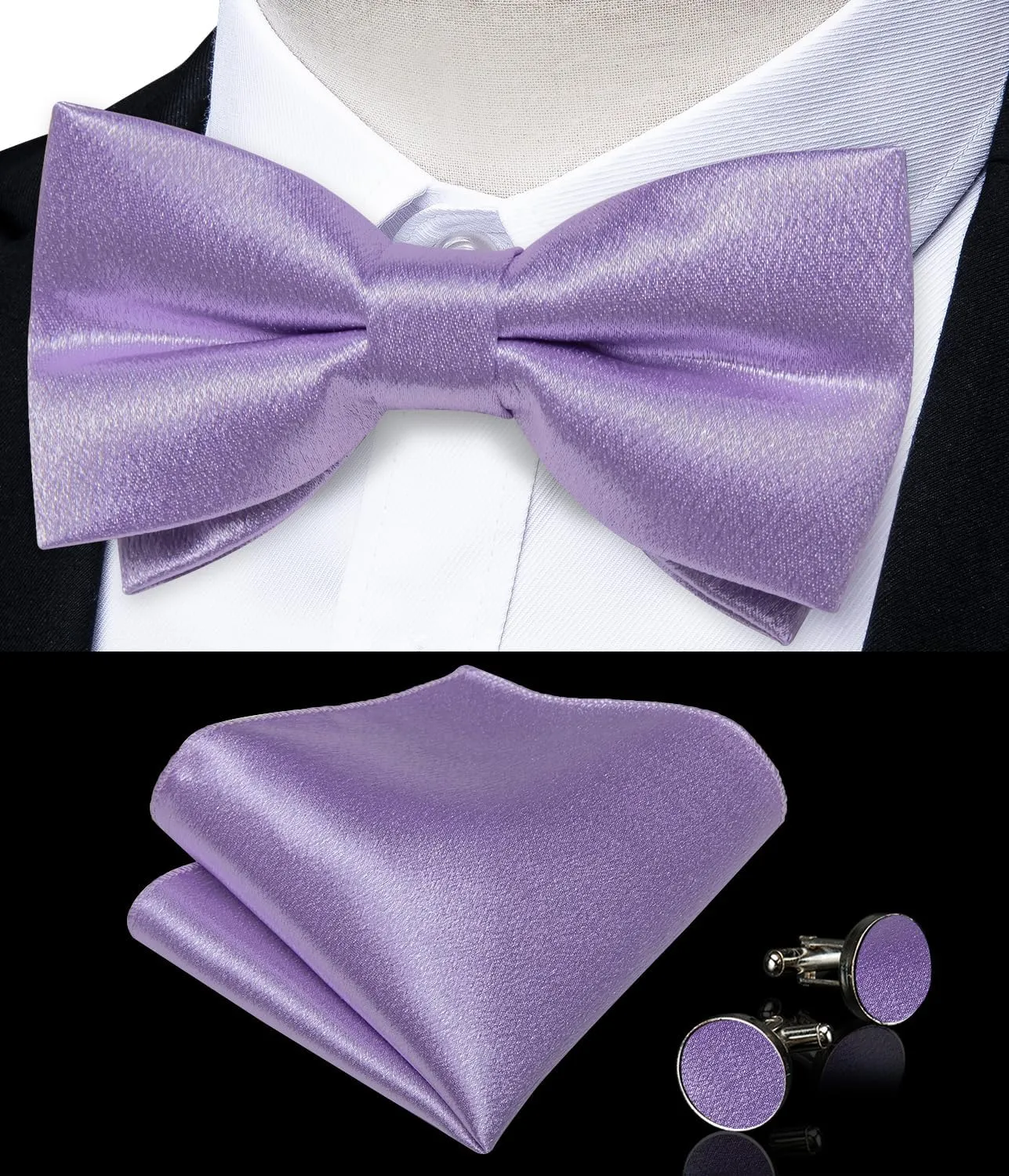 DiBanGu Men Ties Bowtie Set Satin Necktie Bow Tie and Pocket Square Cufflink Set for Men with Silver Tie Clip