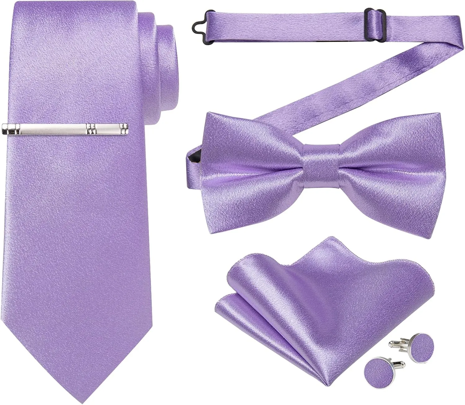 DiBanGu Men Ties Bowtie Set Satin Necktie Bow Tie and Pocket Square Cufflink Set for Men with Silver Tie Clip