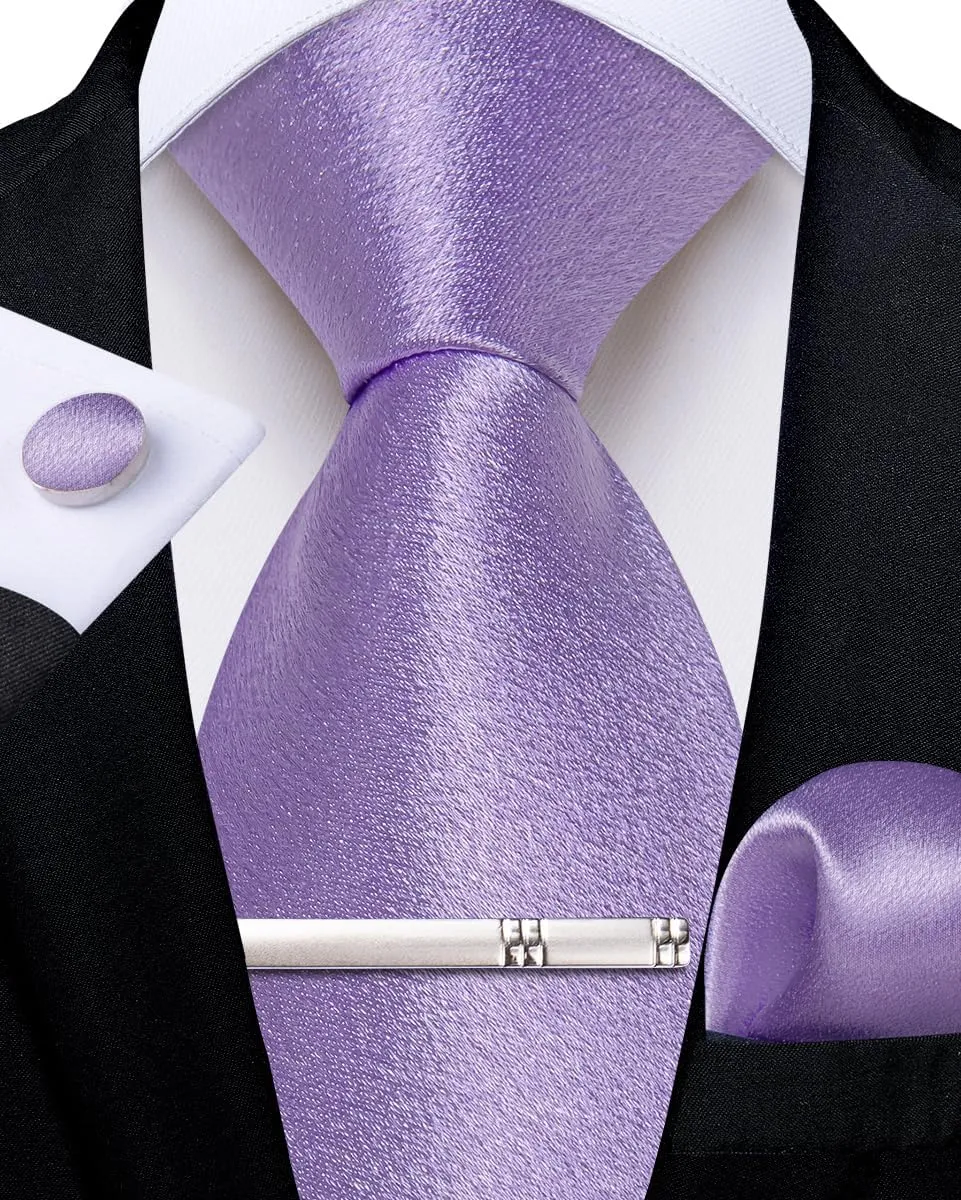 DiBanGu Men Ties Bowtie Set Satin Necktie Bow Tie and Pocket Square Cufflink Set for Men with Silver Tie Clip