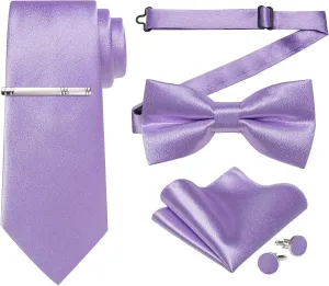 DiBanGu Men Ties Bowtie Set Satin Necktie Bow Tie and Pocket Square Cufflink Set for Men with Silver Tie Clip