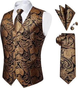 DiBanGu Mens Paisley Suit Waistcoat Silk Dress Vest and Necktie Pocket Square Cufflinks for Wedding Party