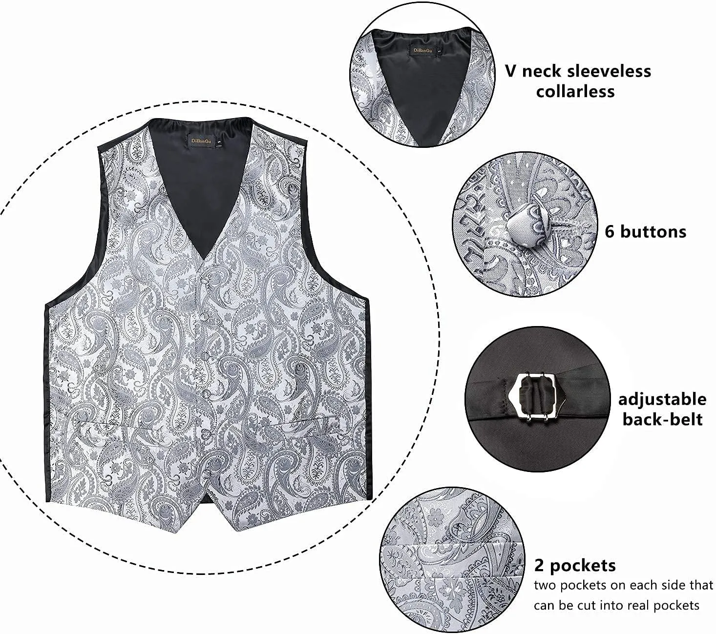 DiBanGu Mens Paisley Suit Waistcoat Silk Dress Vest and Necktie Pocket Square Cufflinks for Wedding Party