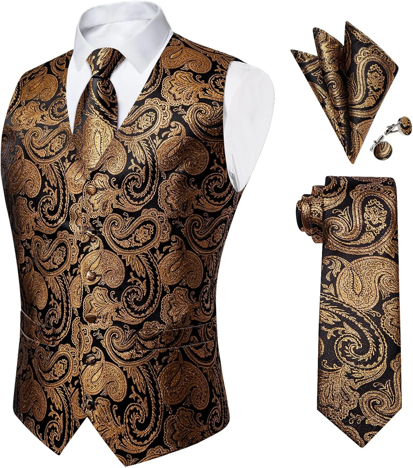 DiBanGu Mens Paisley Suit Waistcoat Silk Dress Vest and Necktie Pocket Square Cufflinks for Wedding Party