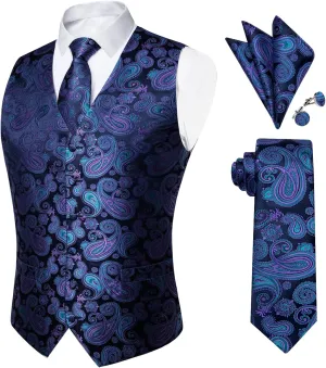 DiBanGu Mens Paisley Suit Waistcoat Silk Dress Vest and Necktie Pocket Square Cufflinks for Wedding Party
